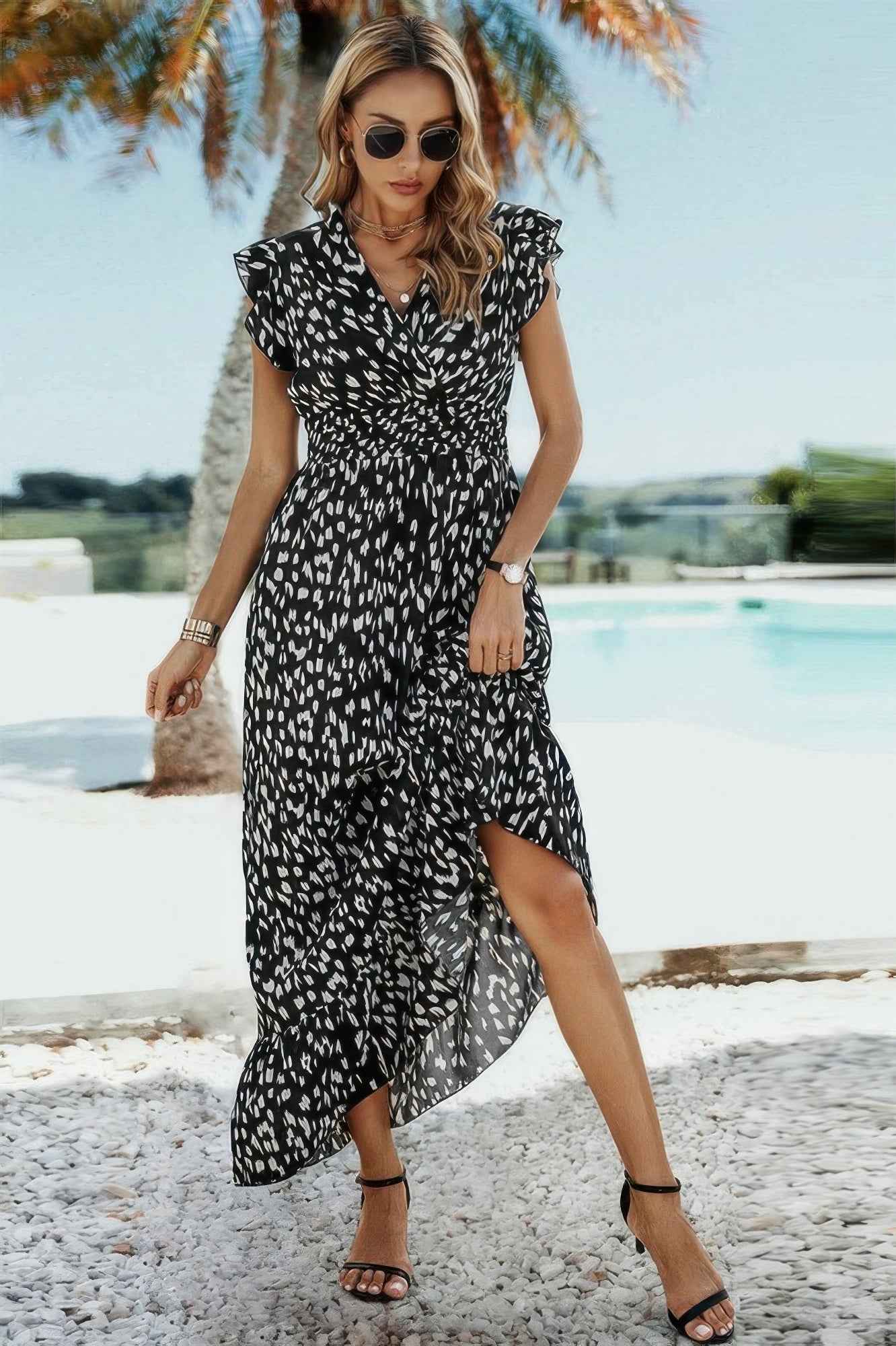 Sleeveless Tie Waist Surplice Wrap Leopard Dress