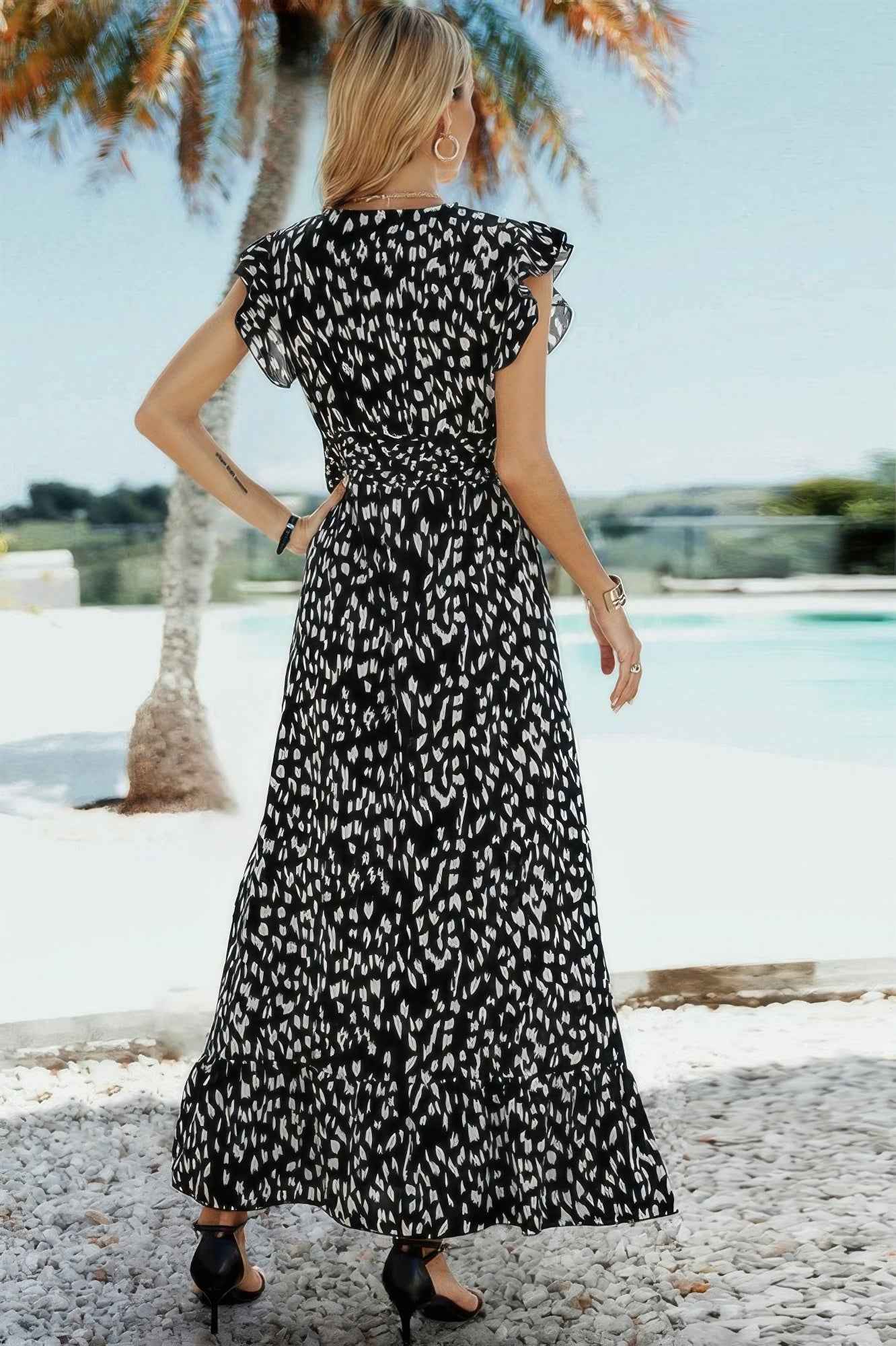 Sleeveless Tie Waist Surplice Wrap Leopard Dress