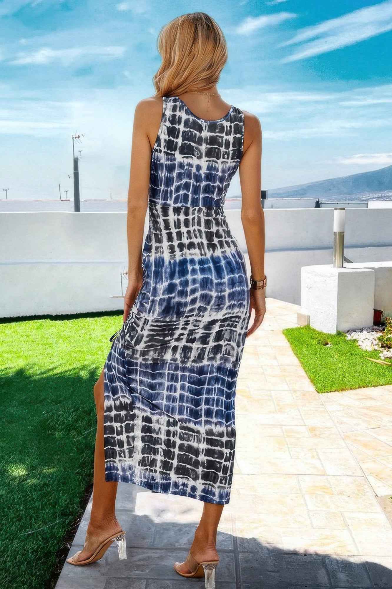 Ruched Allover Print Drawstring Split Thigh Dress