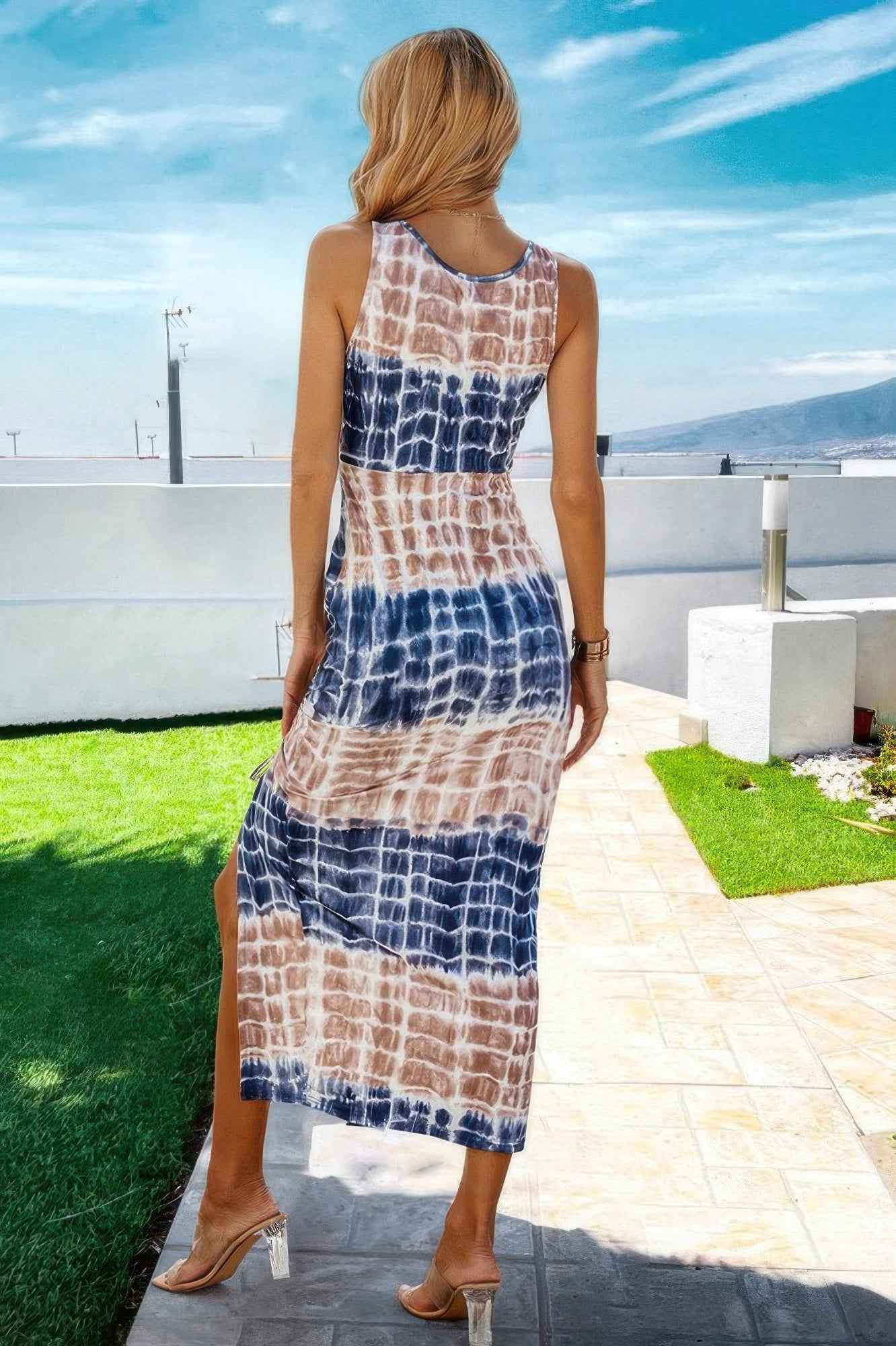 Ruched Allover Print Drawstring Split Thigh Dress