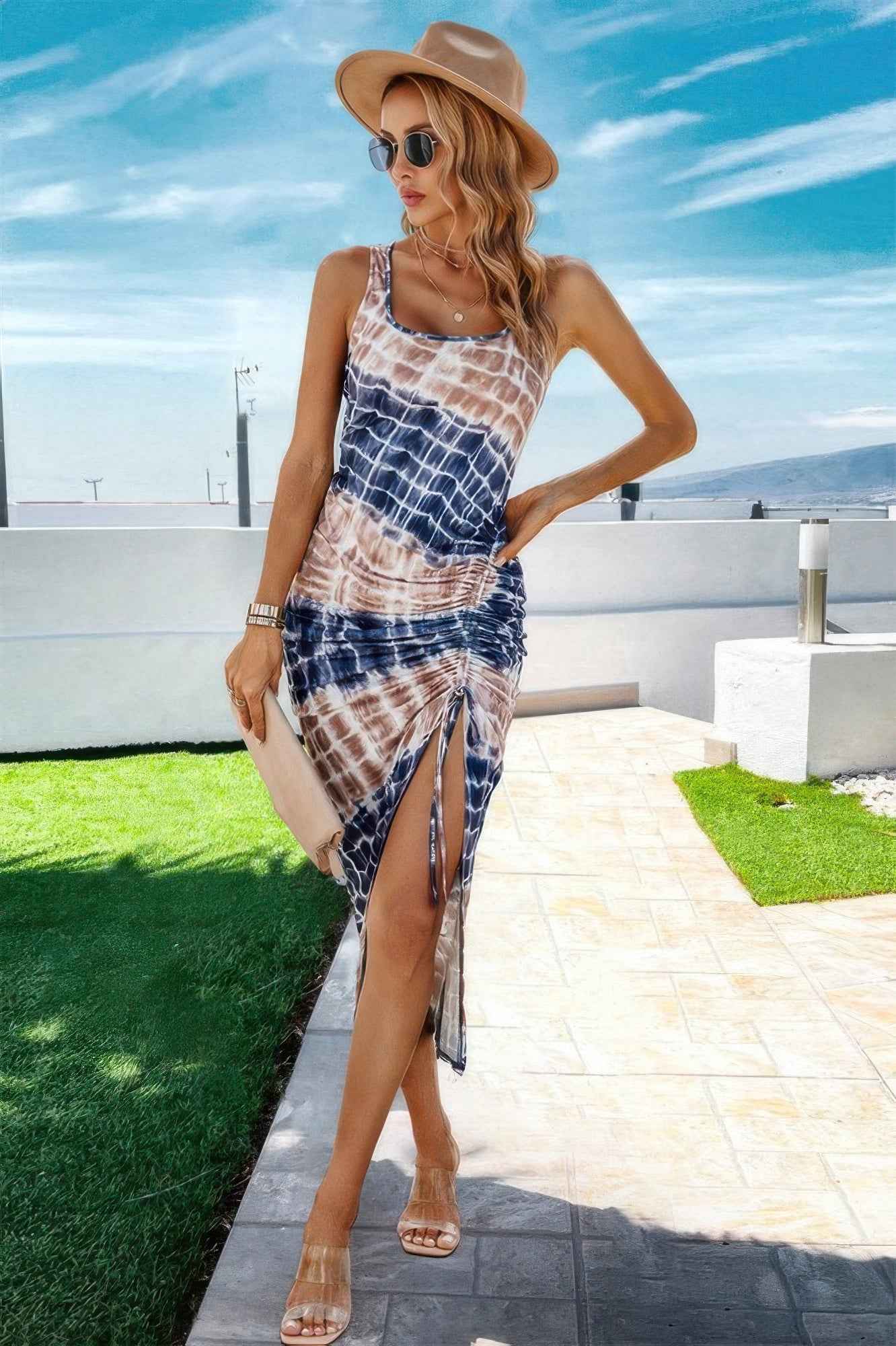 Ruched Allover Print Drawstring Split Thigh Dress