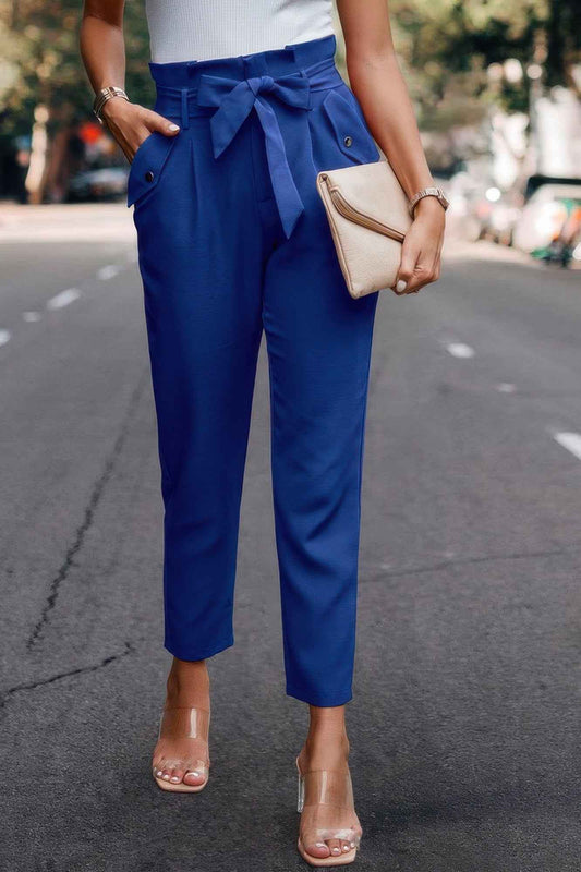 Ruffle Belt Pocket Solid Skinny Pants