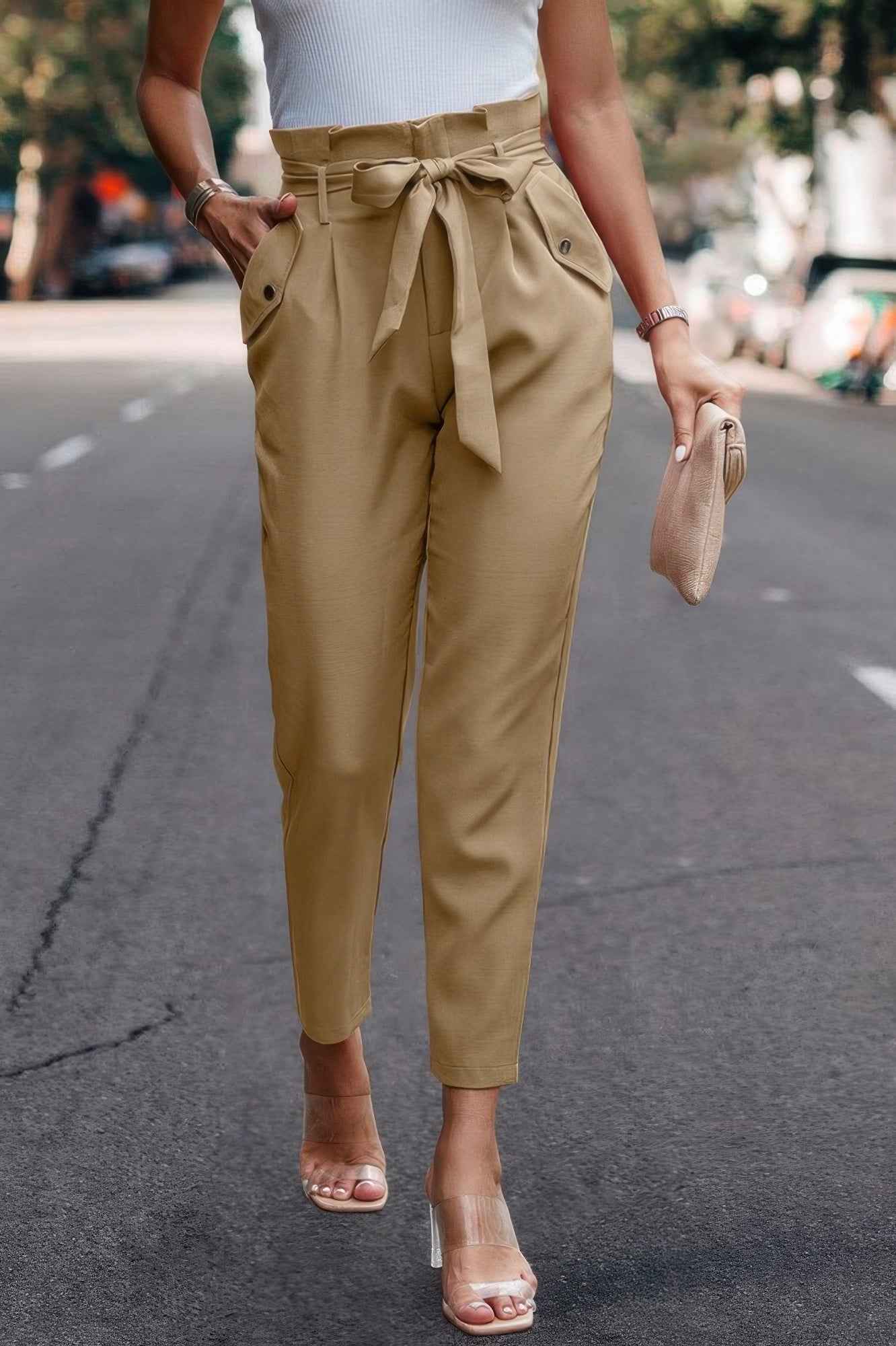 Ruffle Belt Pocket Solid Skinny Pants