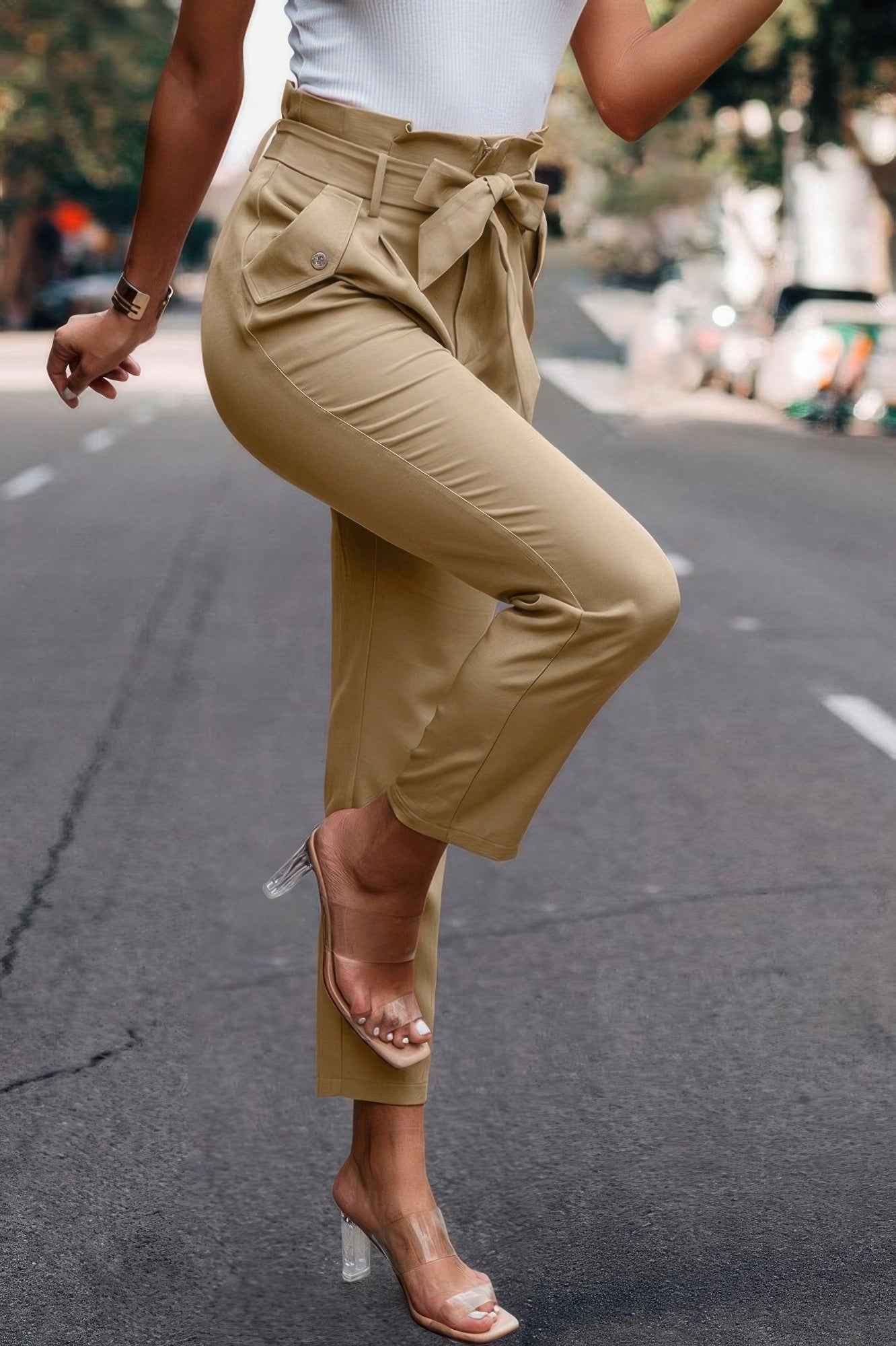 Ruffle Belt Pocket Solid Skinny Pants