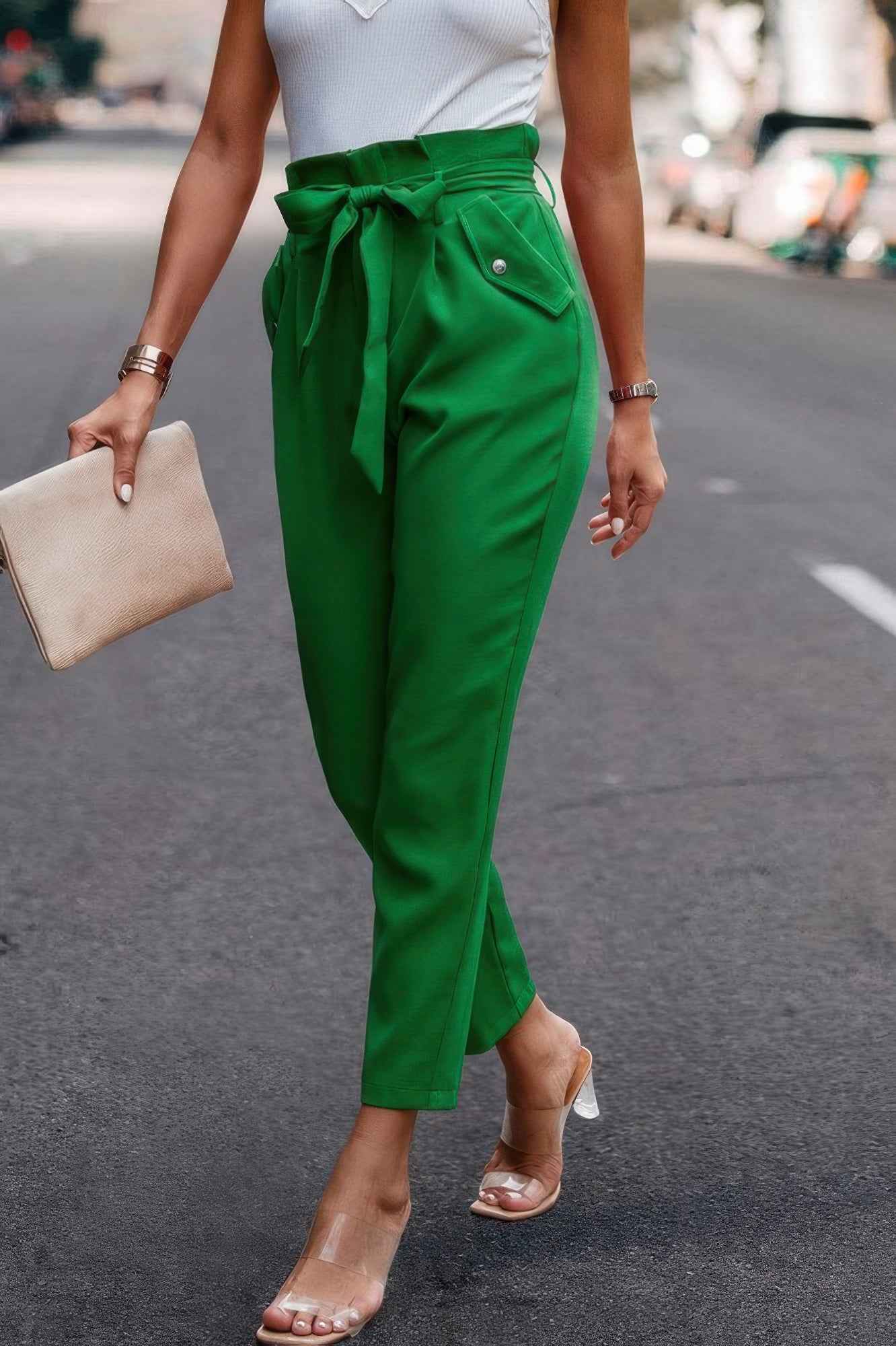 Ruffle Belt Pocket Solid Skinny Pants