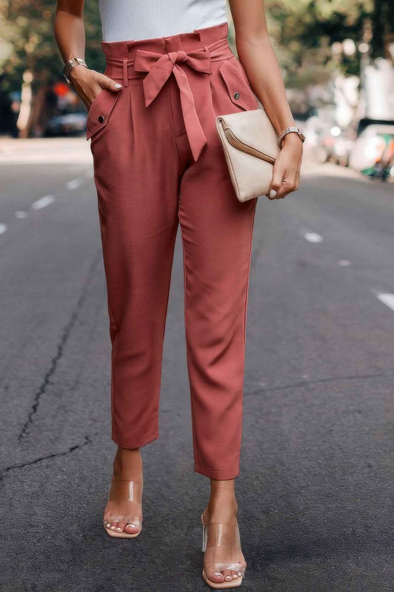 Ruffle Belt Pocket Solid Skinny Pants