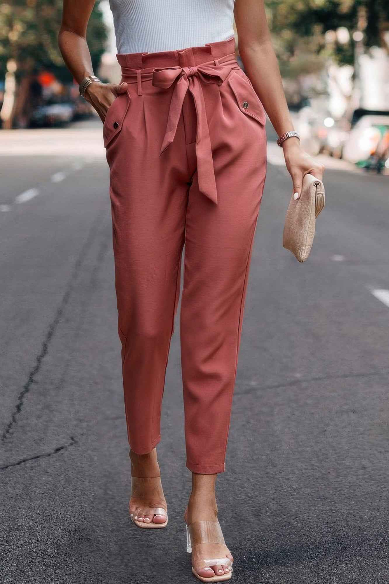 Ruffle Belt Pocket Solid Skinny Pants