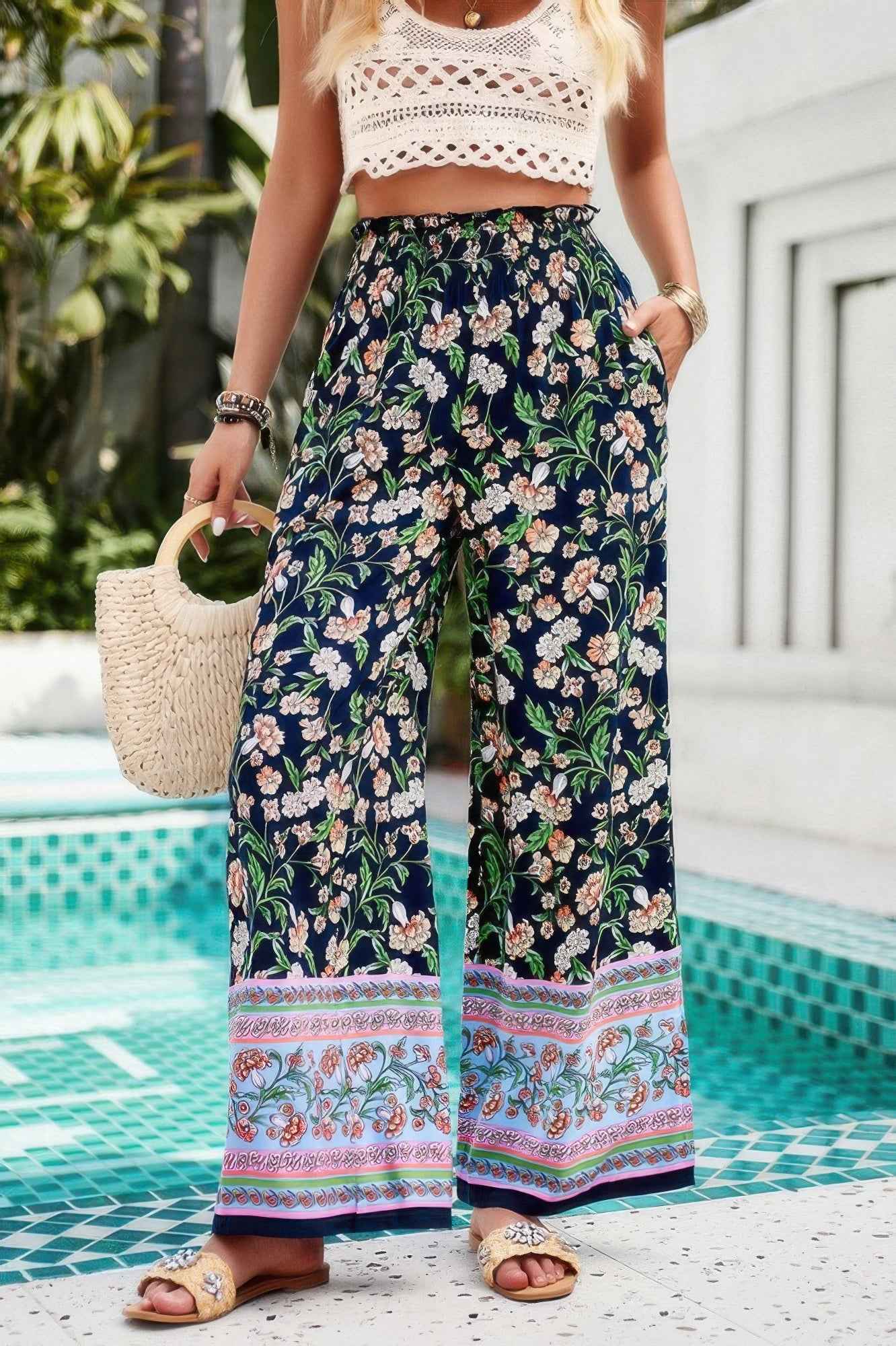 Floral Print Wide Stright Leg Pockets Elastic Pant