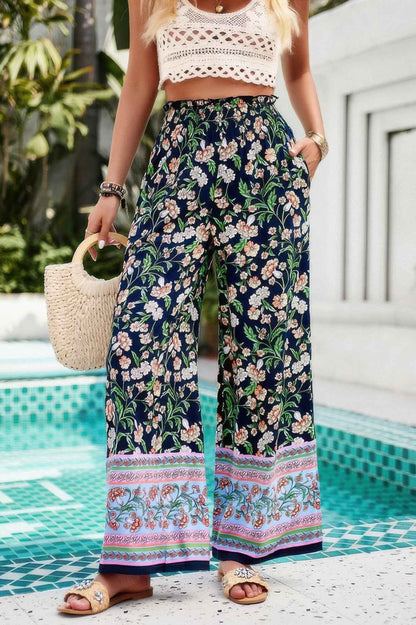 Floral Print Wide Stright Leg Pockets Elastic Pant