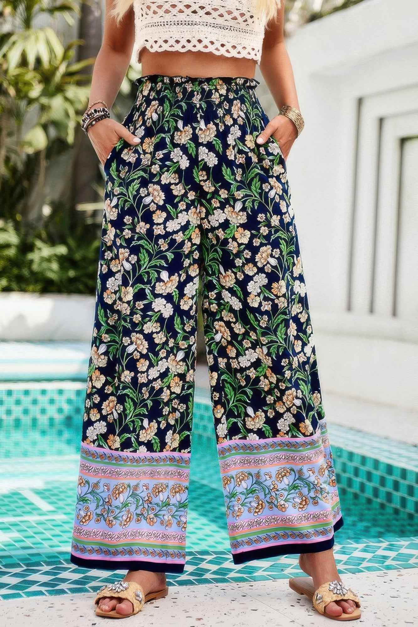 Floral Print Wide Stright Leg Pockets Elastic Pant