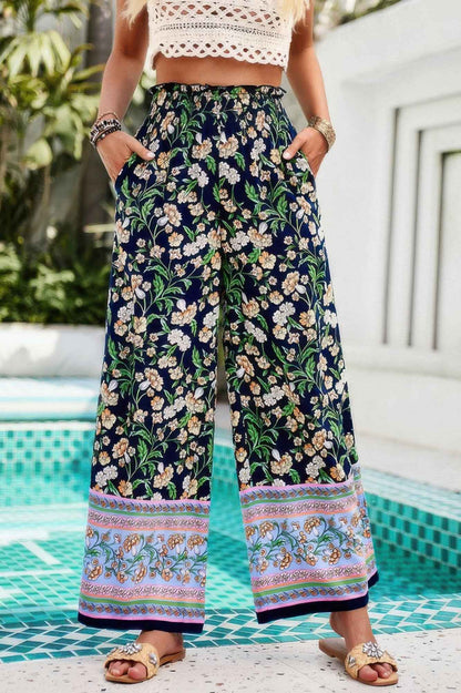 Floral Print Wide Stright Leg Pockets Elastic Pant