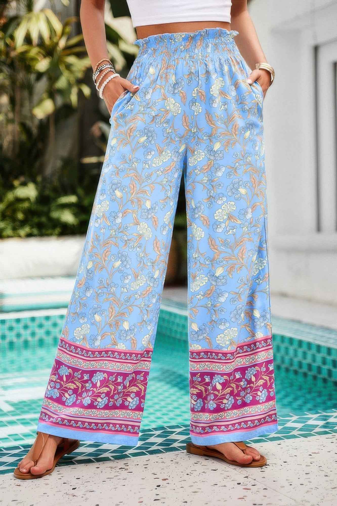 Floral Print Wide Stright Leg Pockets Elastic Pant