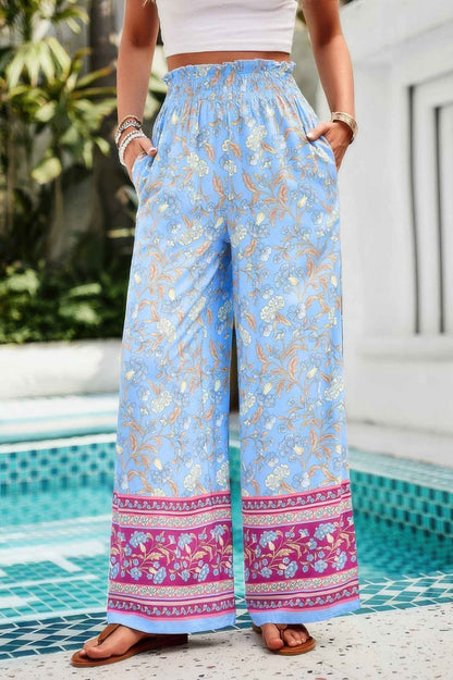 Floral Print Wide Stright Leg Pockets Elastic Pant