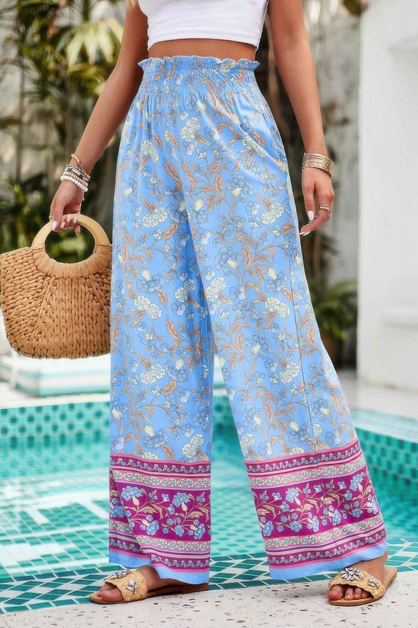 Floral Print Wide Stright Leg Pockets Elastic Pant