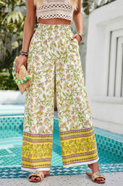 Floral Print Wide Stright Leg Pockets Elastic Pant