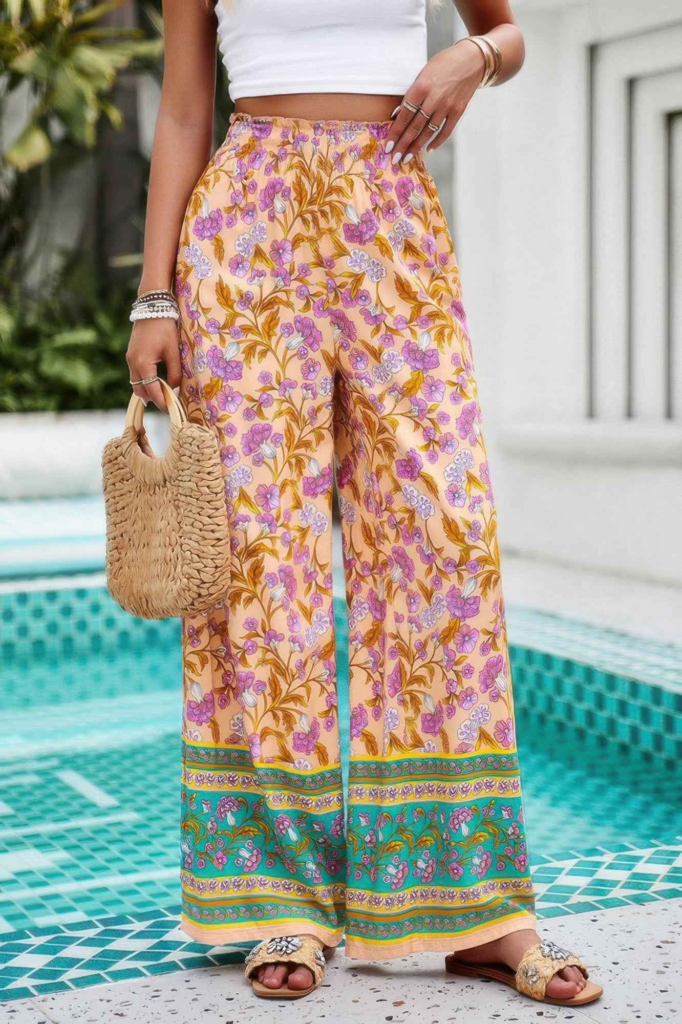 Floral Print Wide Stright Leg Pockets Elastic Pant