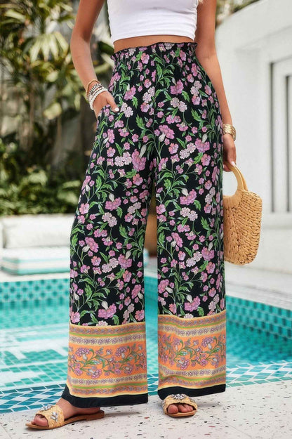 Floral Print Wide Stright Leg Pockets Elastic Pant