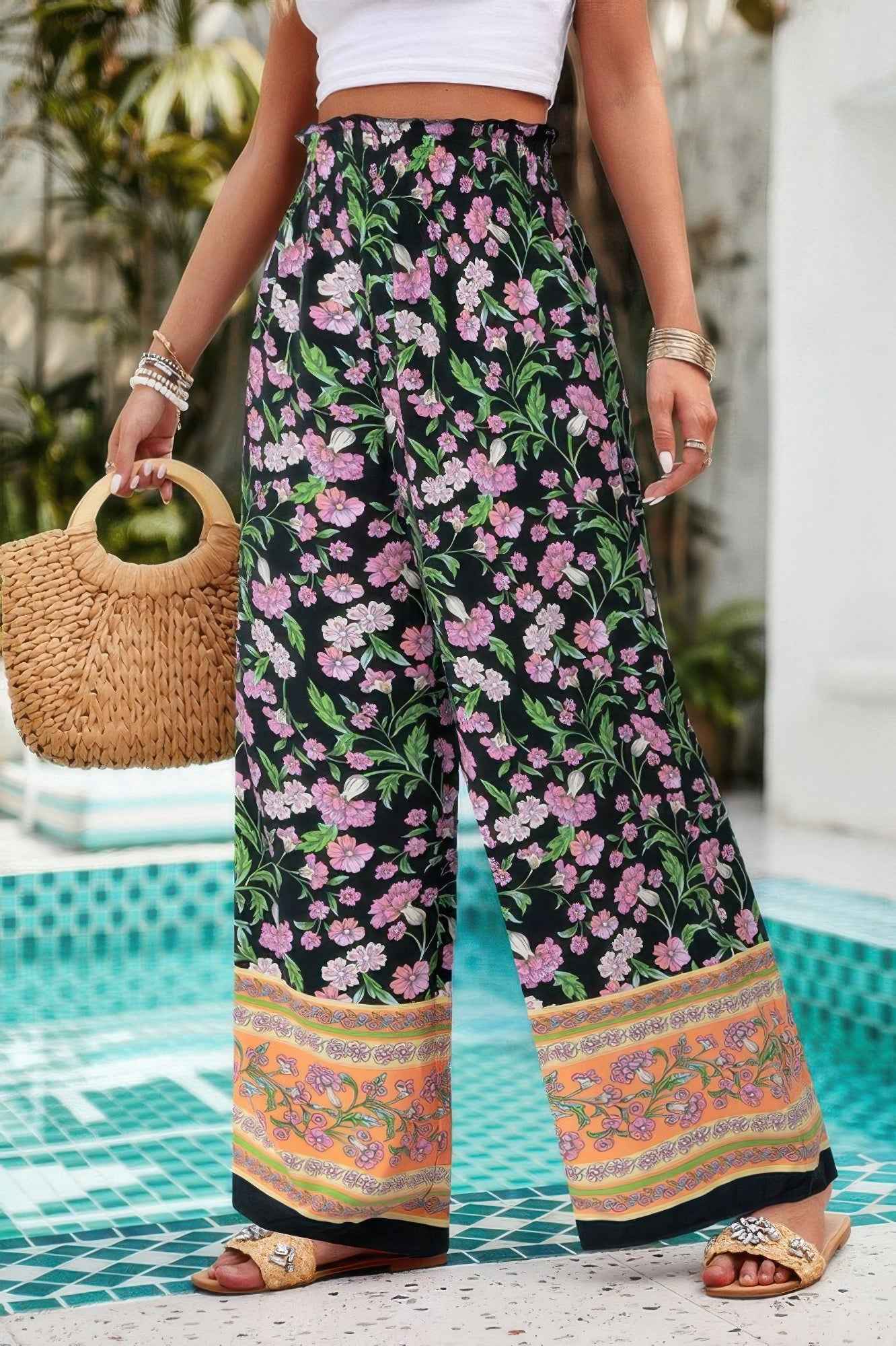 Floral Print Wide Stright Leg Pockets Elastic Pant