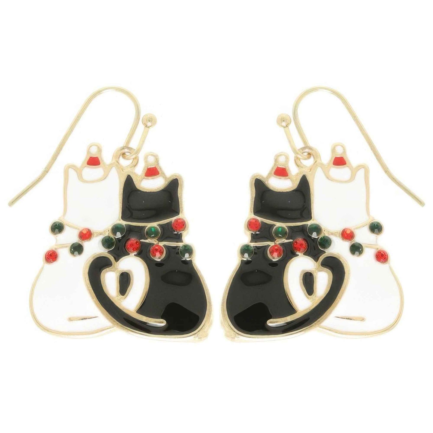 Christmas Enamel Cat Pair Dangle Earrings