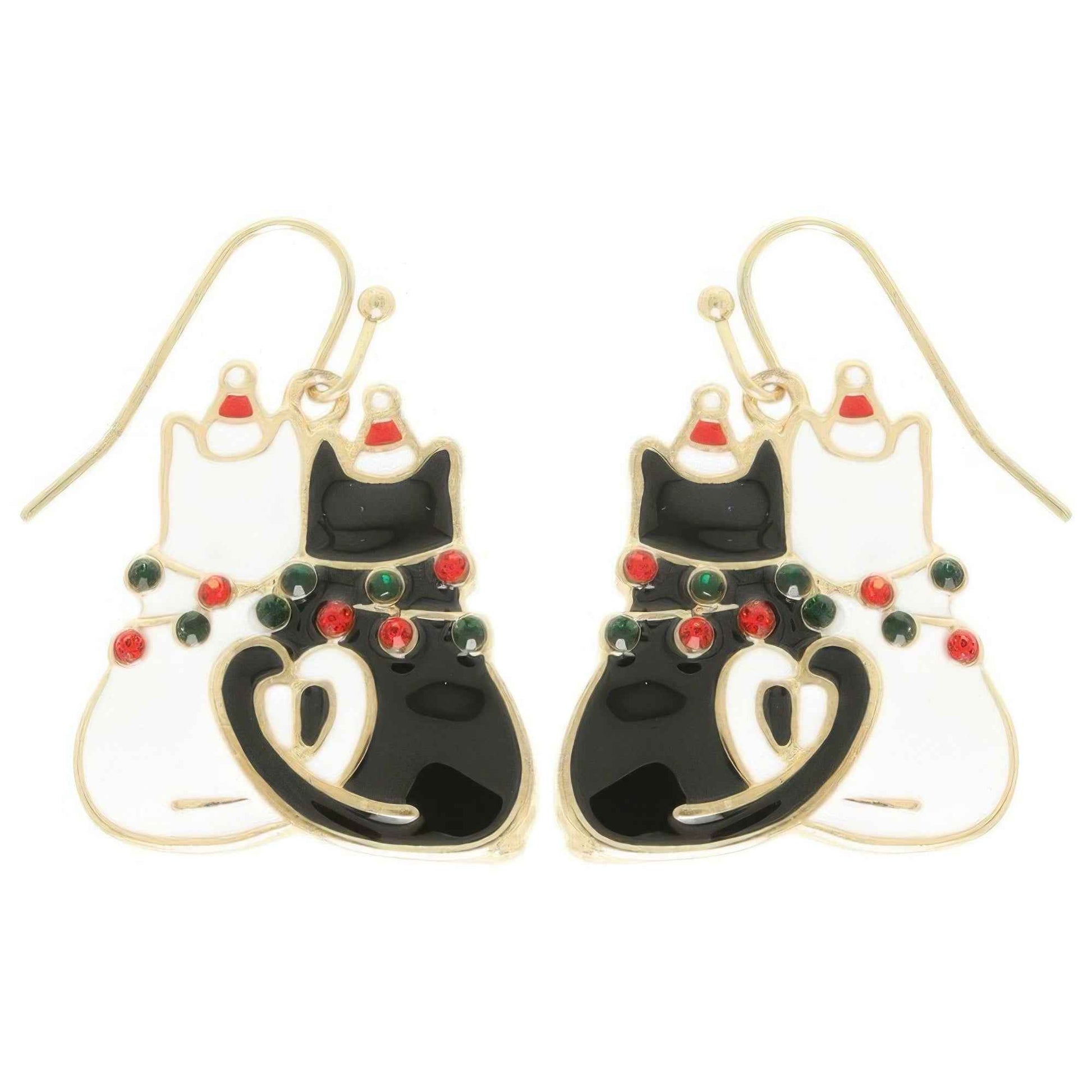 Christmas Enamel Cat Pair Dangle Earrings