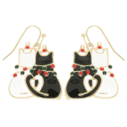 Christmas Enamel Cat Pair Dangle Earrings