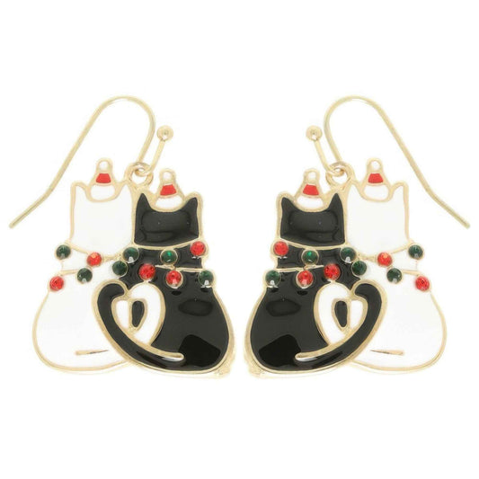 Christmas Enamel Cat Pair Dangle Earrings