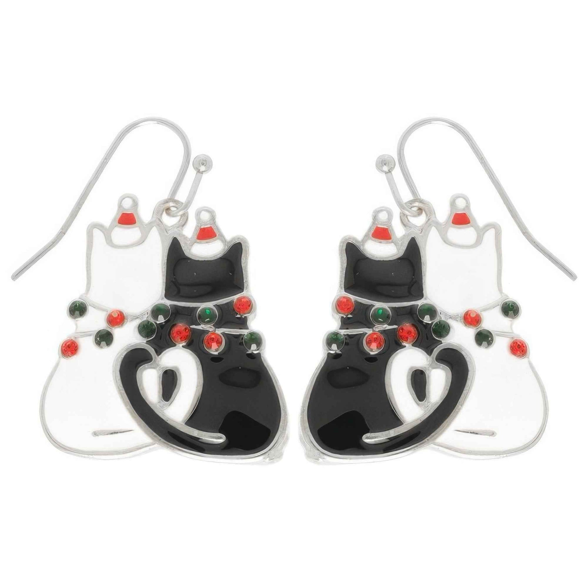 Christmas Enamel Cat Pair Dangle Earrings