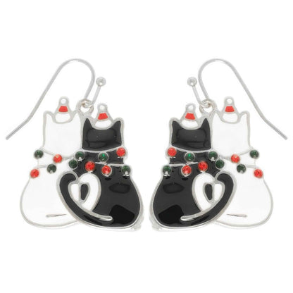 Christmas Enamel Cat Pair Dangle Earrings