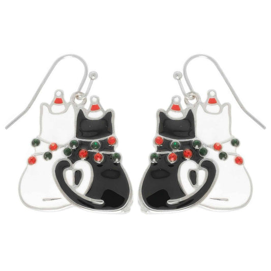 Christmas Enamel Cat Pair Dangle Earrings