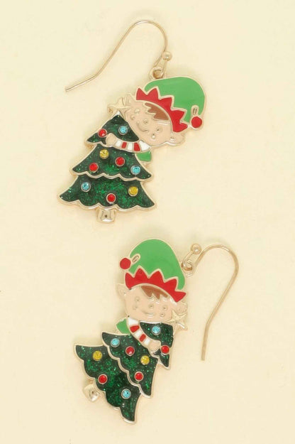Christmas Tree With Elf Enamel Earrings
