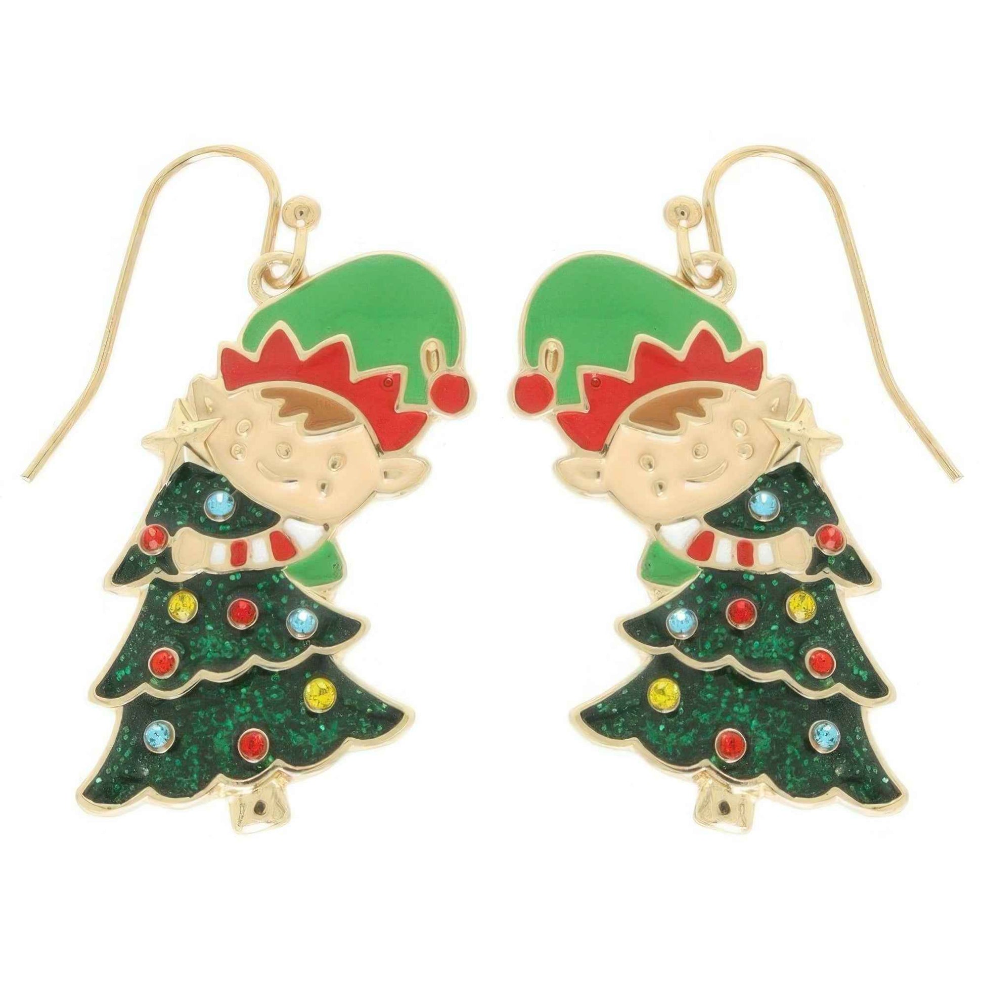 Christmas Tree With Elf Enamel Earrings