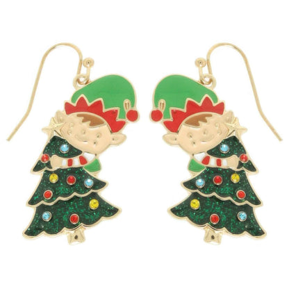Christmas Tree With Elf Enamel Earrings
