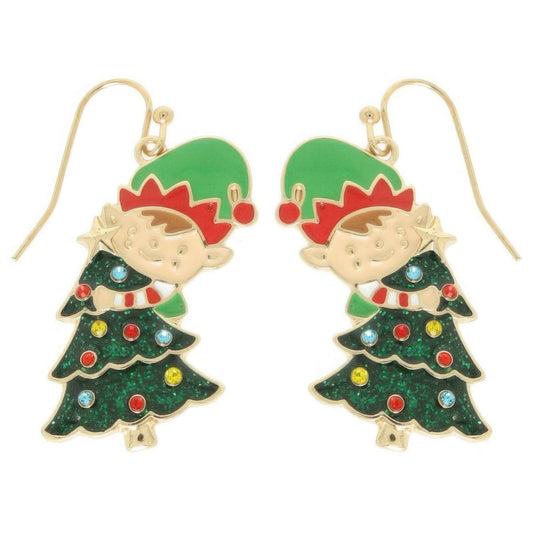 Christmas Tree With Elf Enamel Earrings