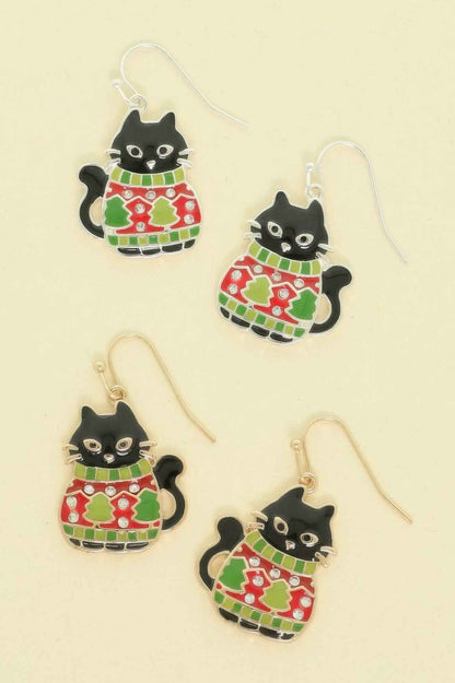 Christmas Enamel Cat In Ugly Sweater Earrings
