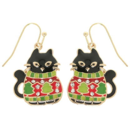 Christmas Enamel Cat In Ugly Sweater Earrings