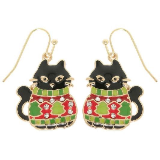 Christmas Enamel Cat In Ugly Sweater Earrings