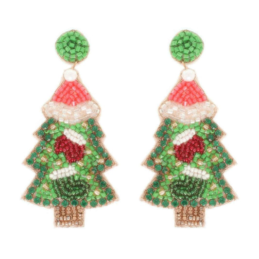 Christmas Tree Seed Beaded Post Earrings
