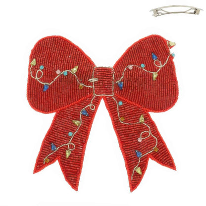 Christmas Lights Bow Beaded Barrette Hair Clip