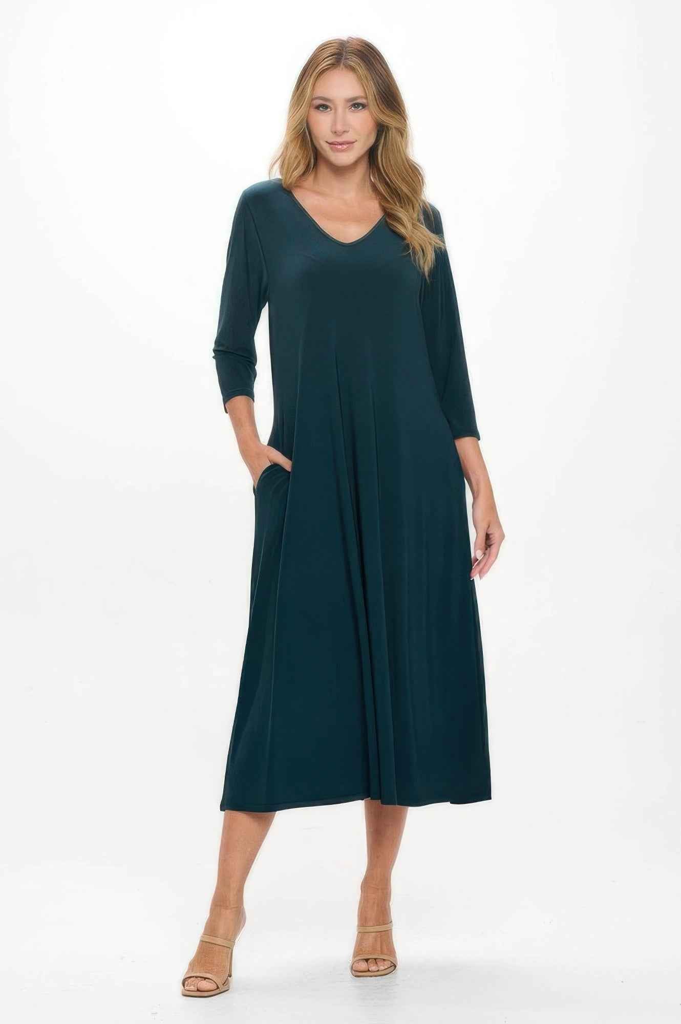 Hit V-neck Long Dress W/pocket
