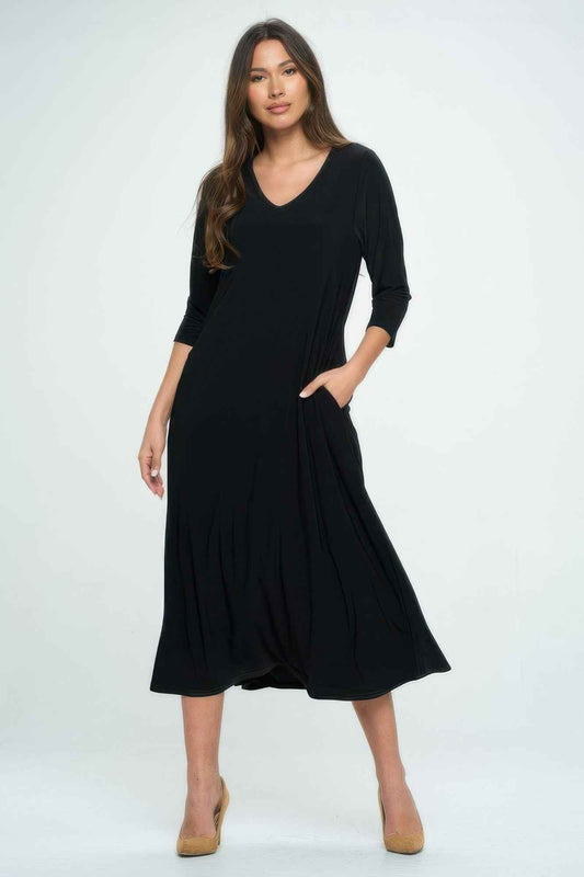 Hit V-neck Long Dress W/pocket
