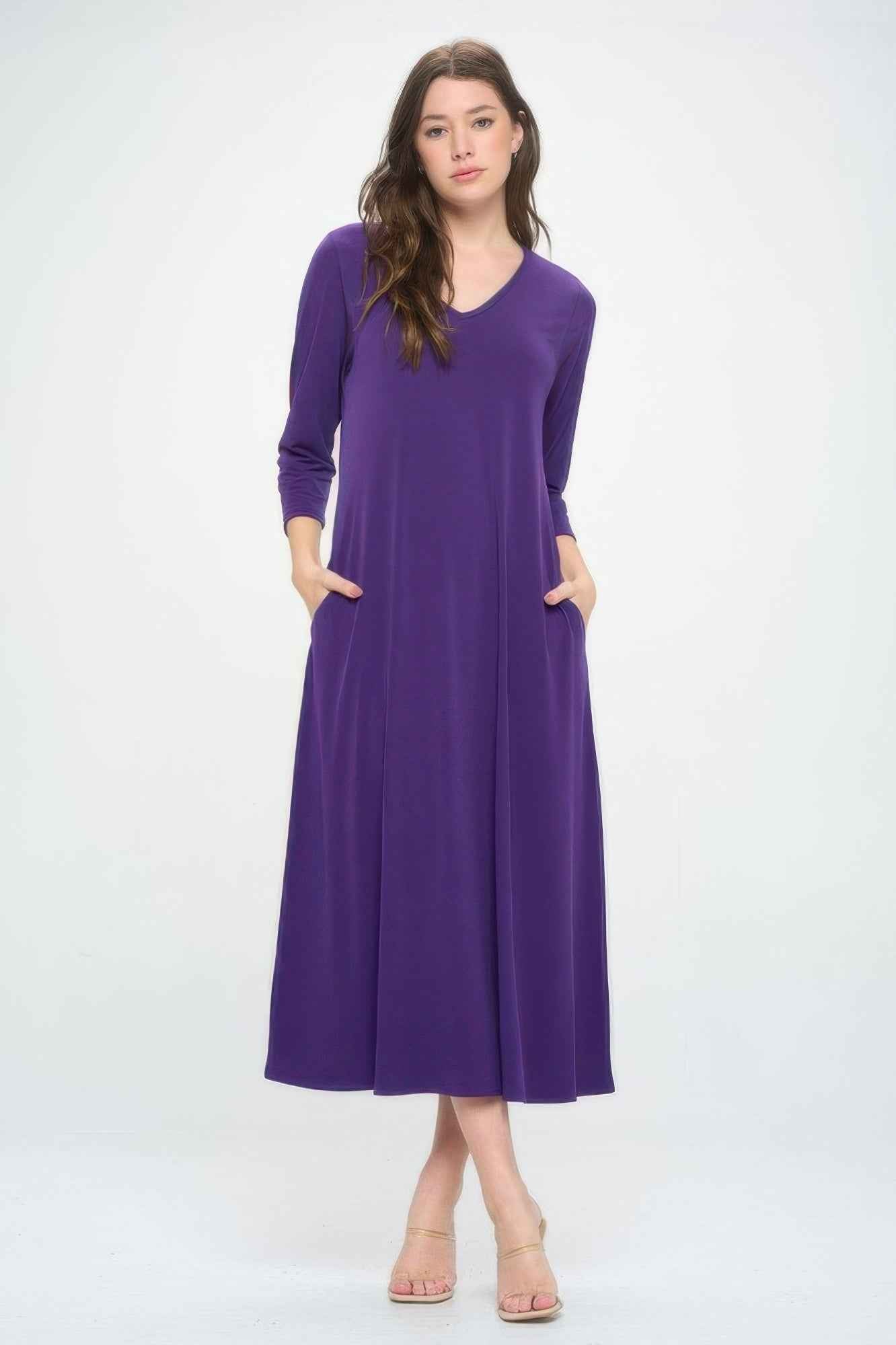Hit V-neck Long Dress W/pocket