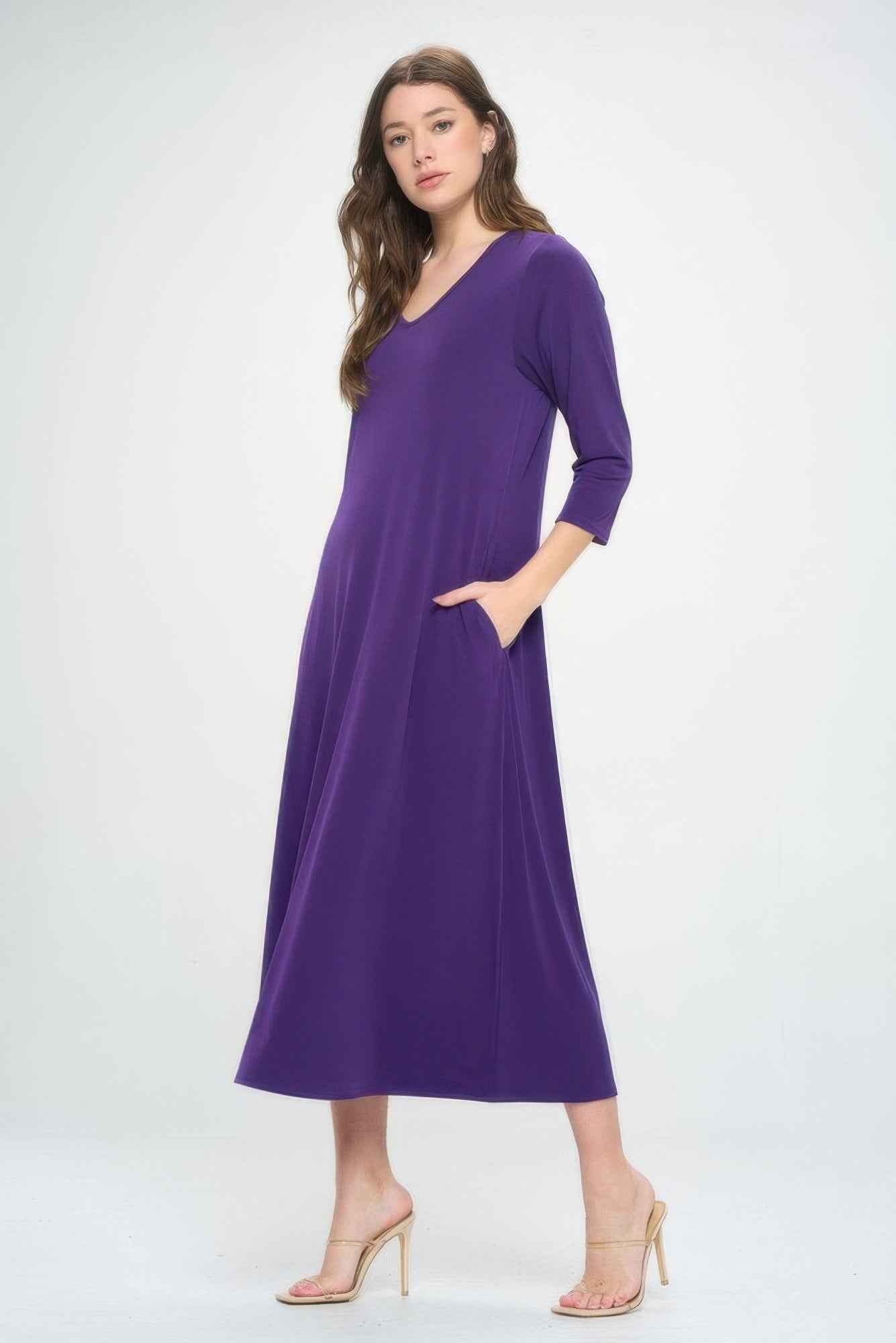 Hit V-neck Long Dress W/pocket