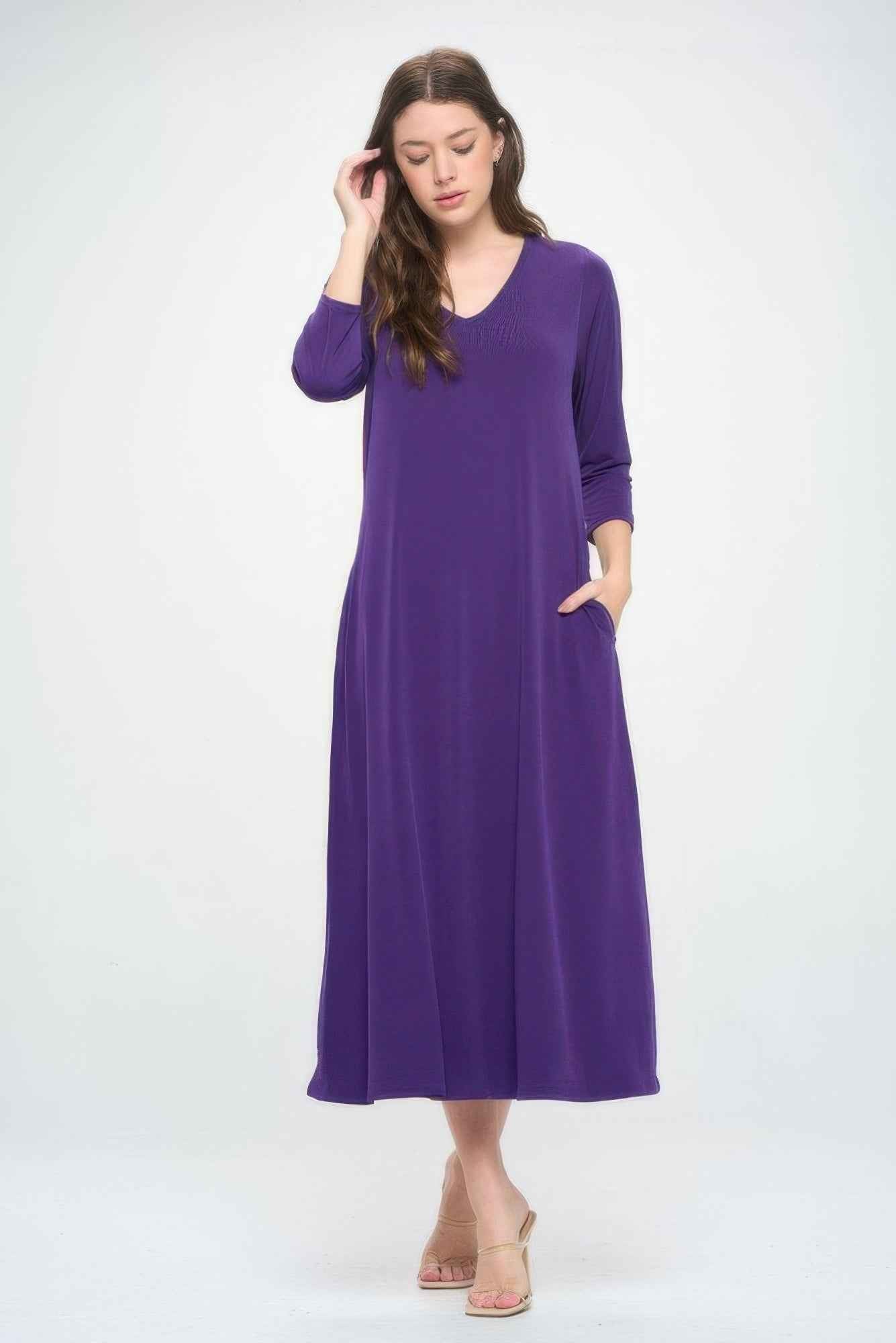 Hit V-neck Long Dress W/pocket