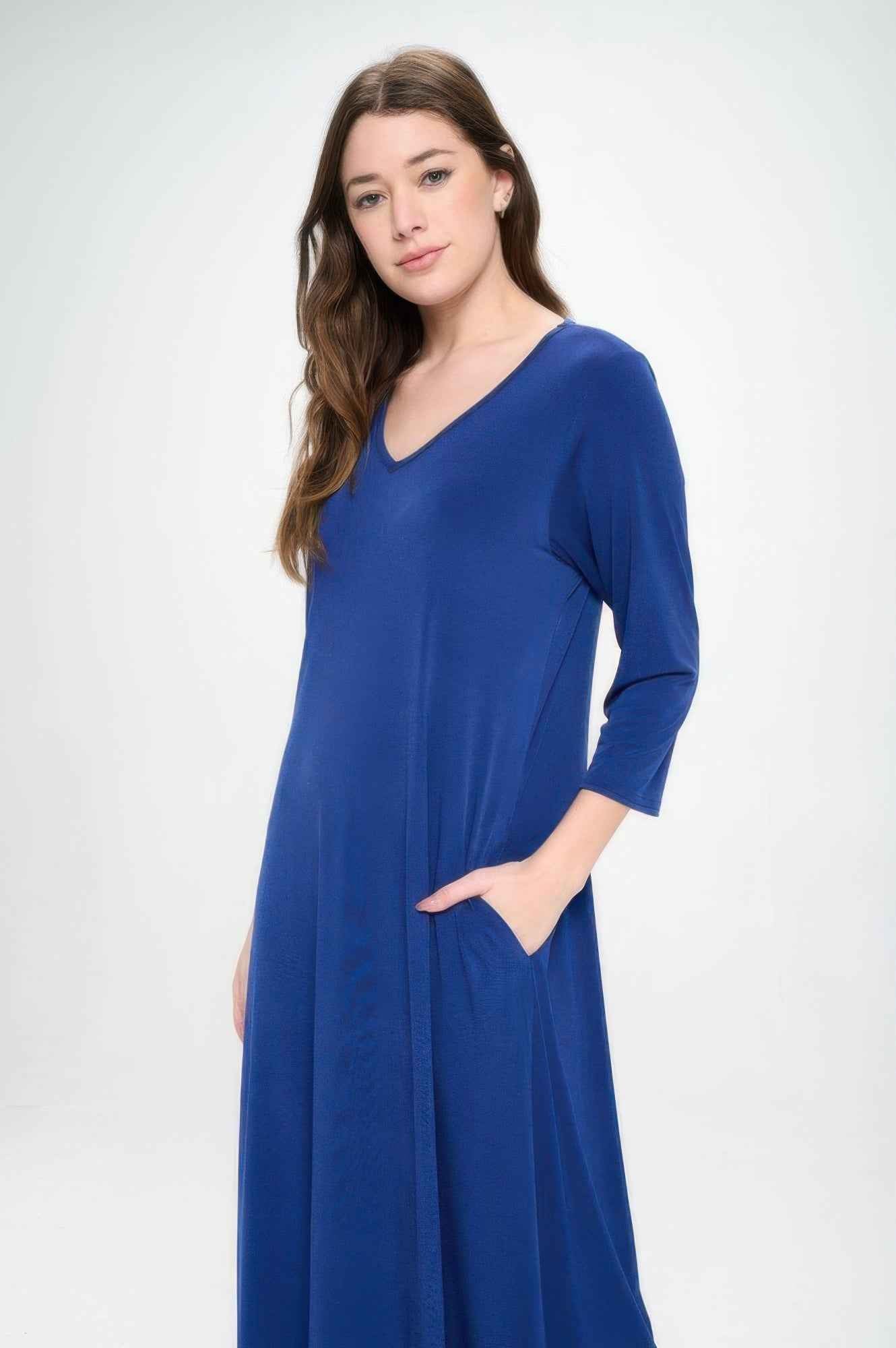 Hit V-neck Long Dress W/pocket