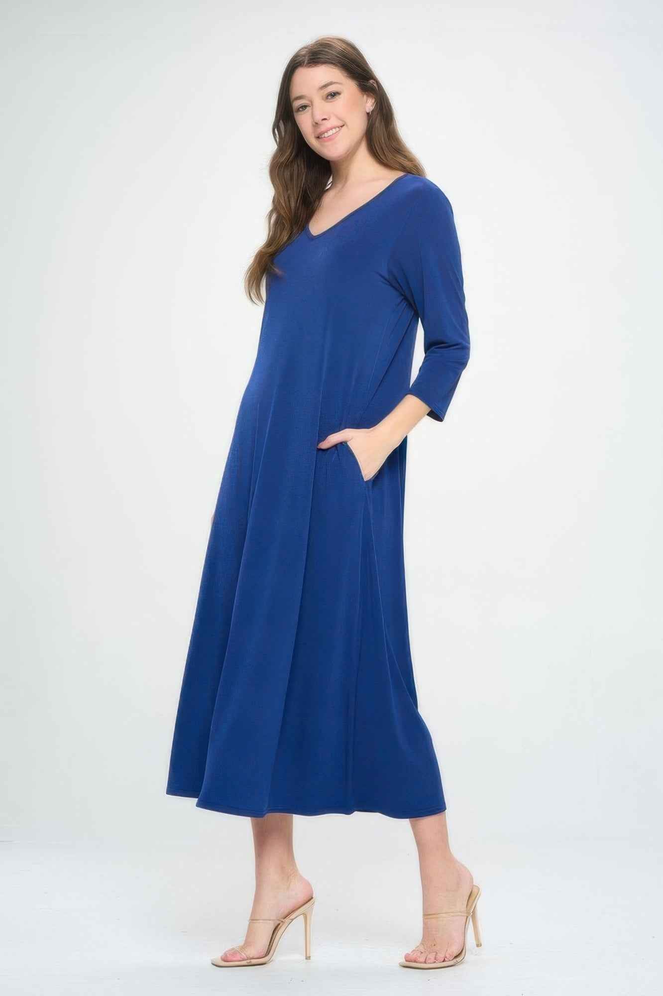 Hit V-neck Long Dress W/pocket