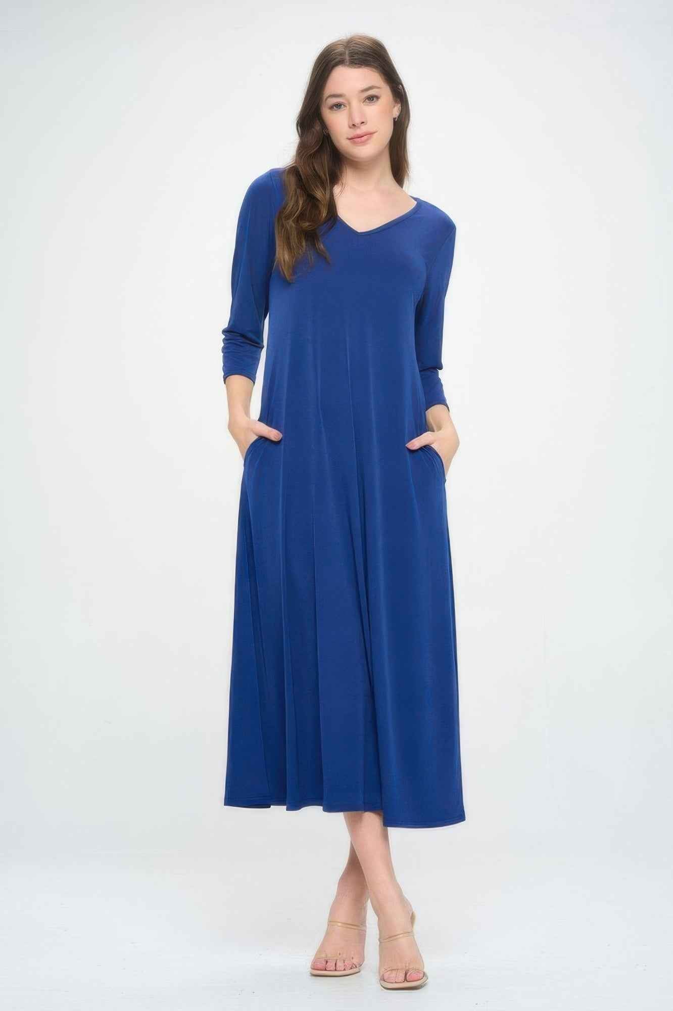 Hit V-neck Long Dress W/pocket