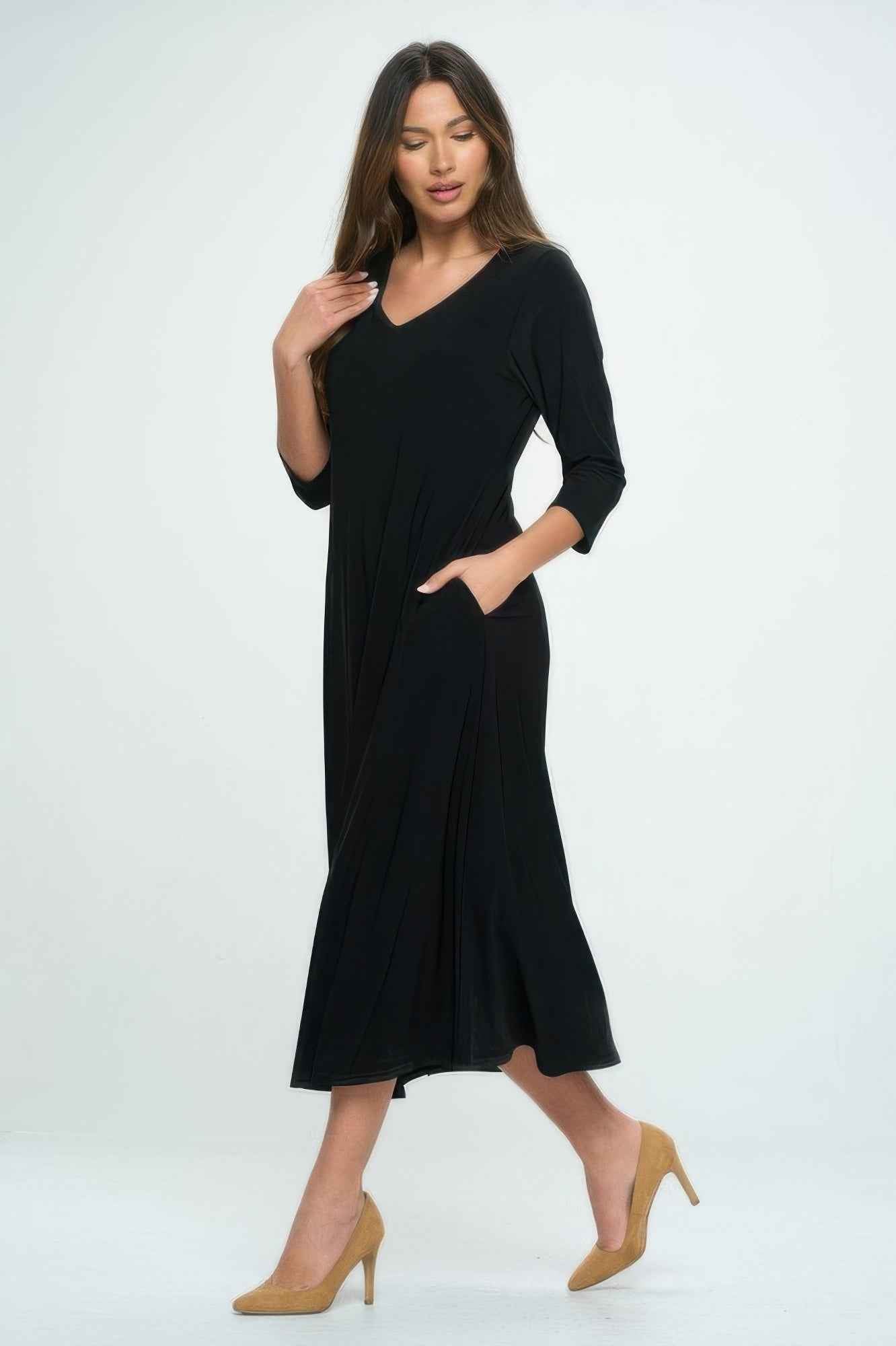 Hit V-neck Long Dress W/pocket
