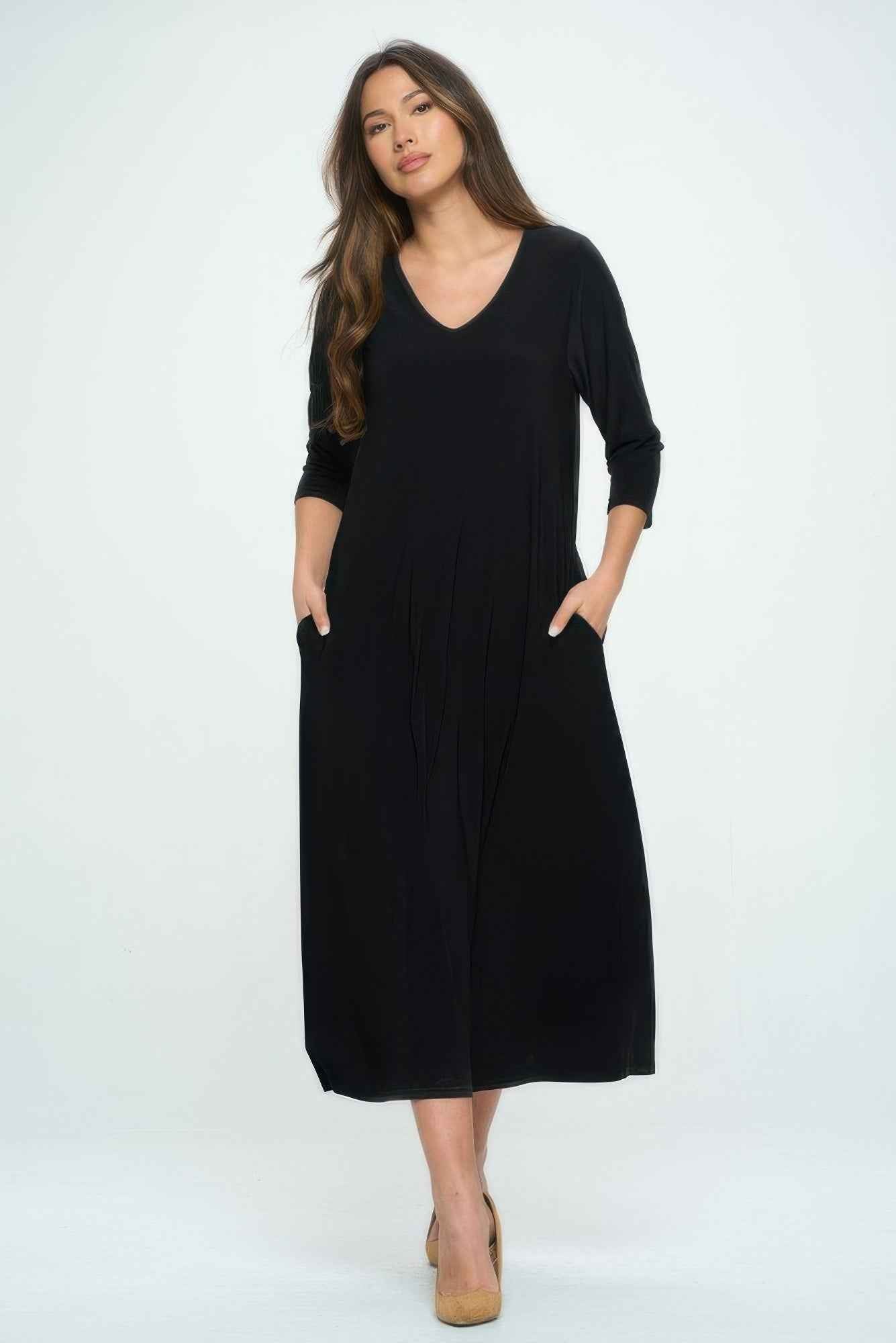Hit V-neck Long Dress W/pocket