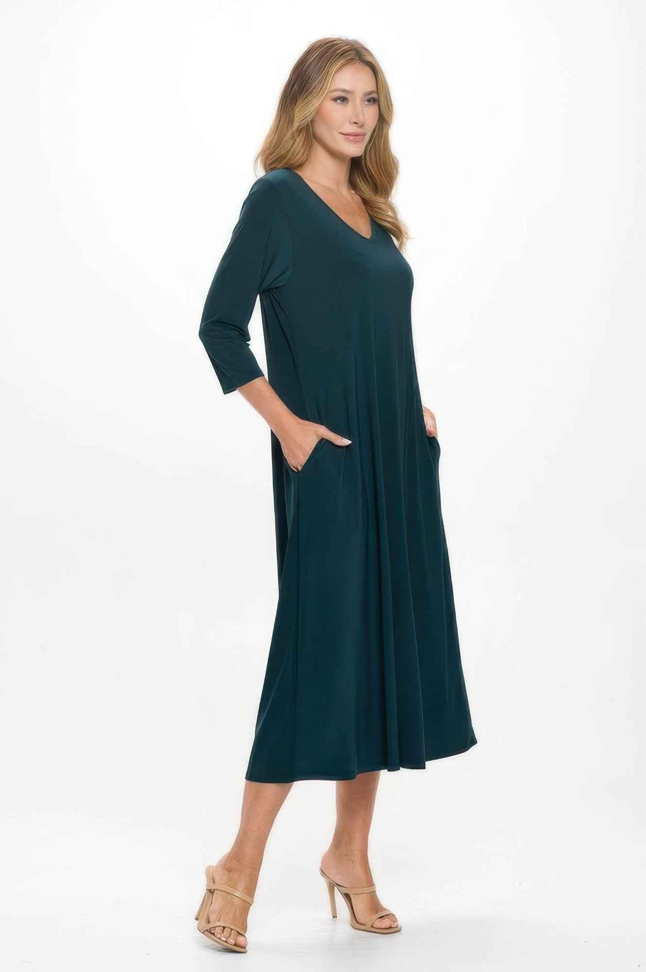 Hit V-neck Long Dress W/pocket