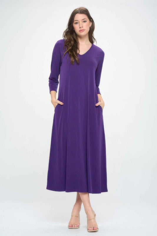 Hit V-neck Long Dress W/pocket
